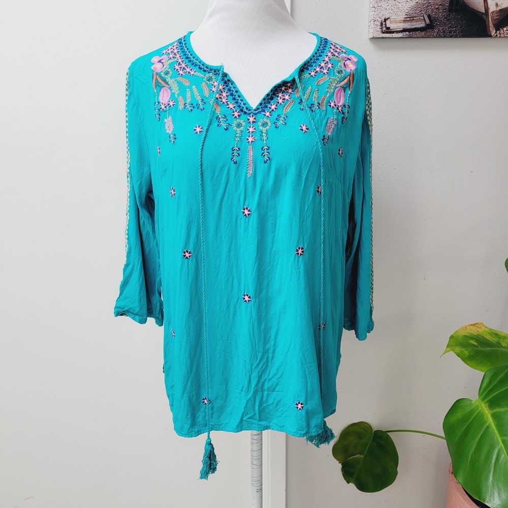Nare Moda‎ Floral Embroidered Tunic Top Bohemian Festival Blouse Teal XL Tassels